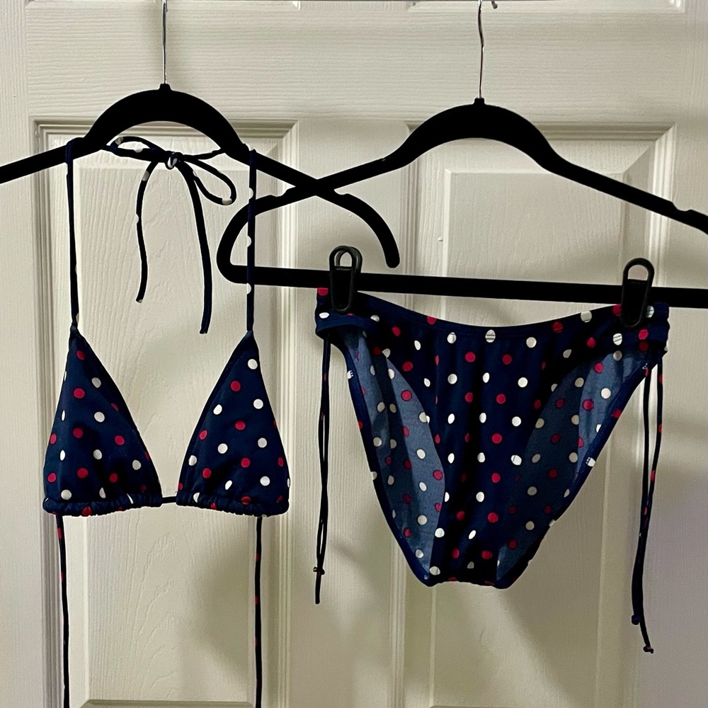Tommy Hilfiger Navy Polka Dot Triangle Bikini Top & Bottoms w/ Ties (Small)